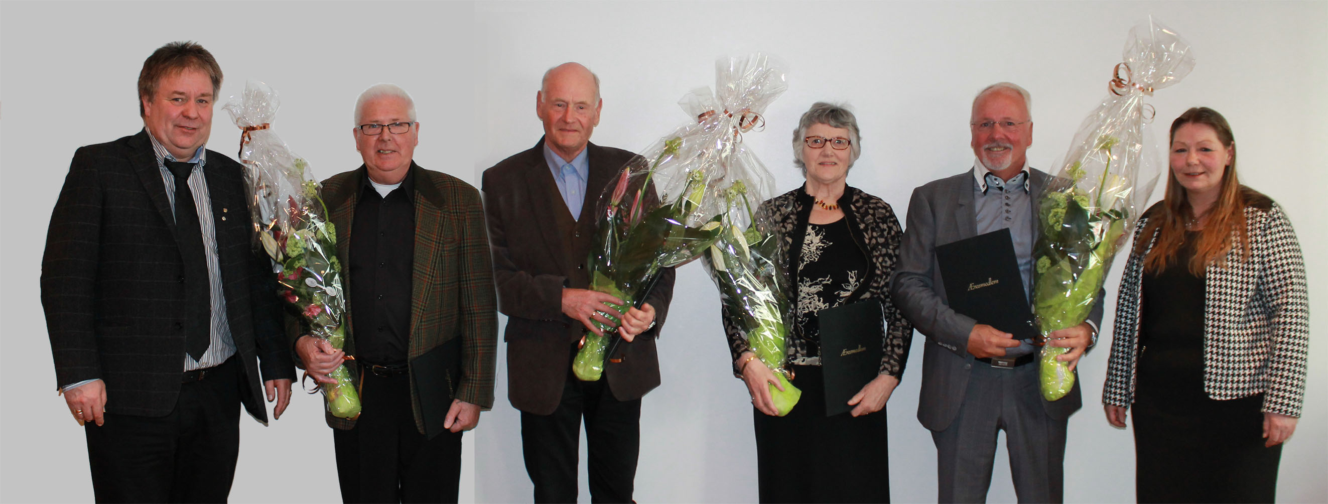 Fra venstre: Geir Olsen,45 års jubilantene Viktor Vindal, Olav Sture, Thorill Teigenes, Nils Albert Lokøen og leder Eirin Bratland